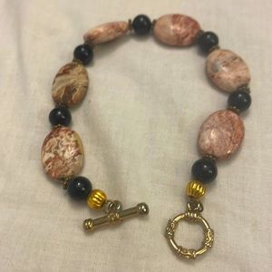 China old Jade Gemstone bracelet with glass bead,gold separates, Toggle clasp